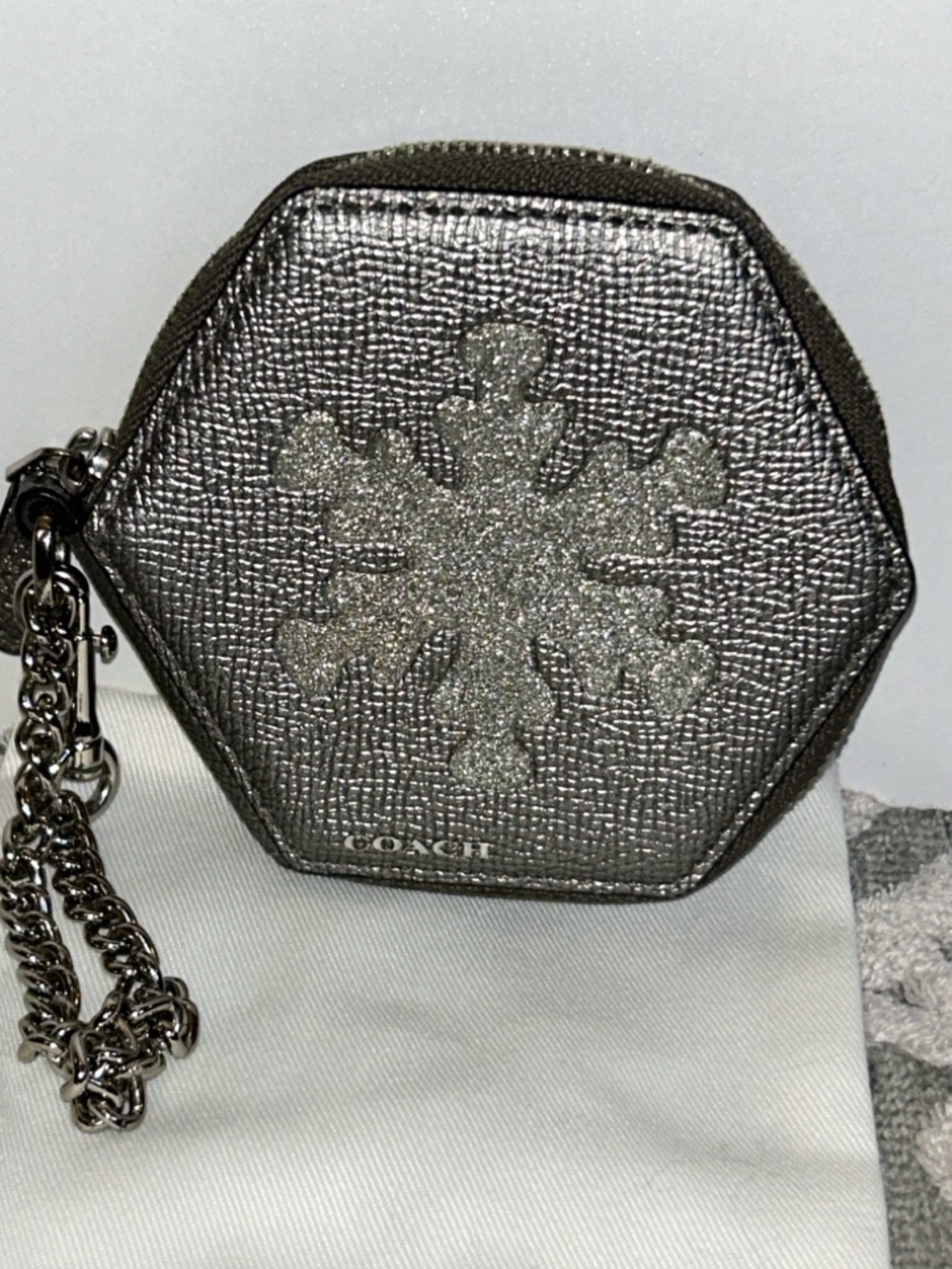 Coach grey metallic snowflake wristlet pouch